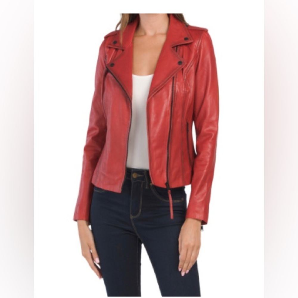 NWT BOD & CHRISTENSEN Leather Biker Jacket in Red Leather with Black Hardware